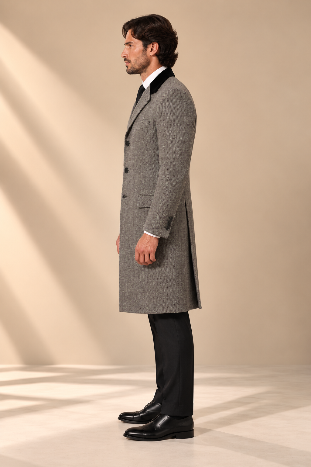 The Vellor Wool Cashmere Black & Grey Herringbone Top Coat