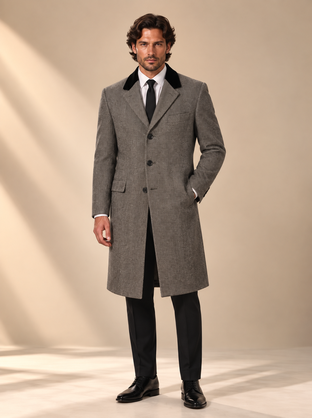 The Vellor Wool Cashmere Black & Grey Herringbone Top Coat