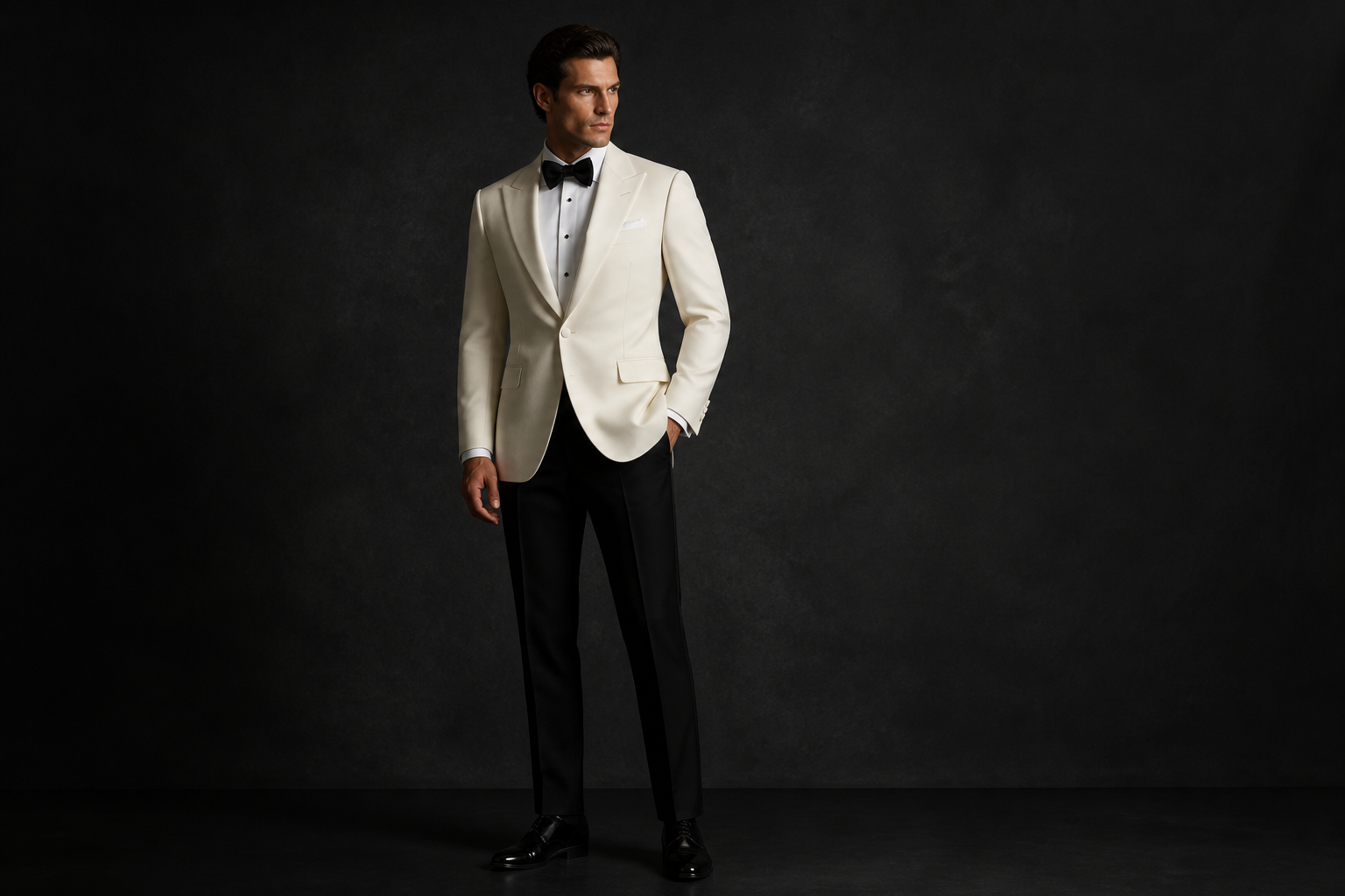 Ivory dinner jacket on dark studio backdrop, editorial landscape.