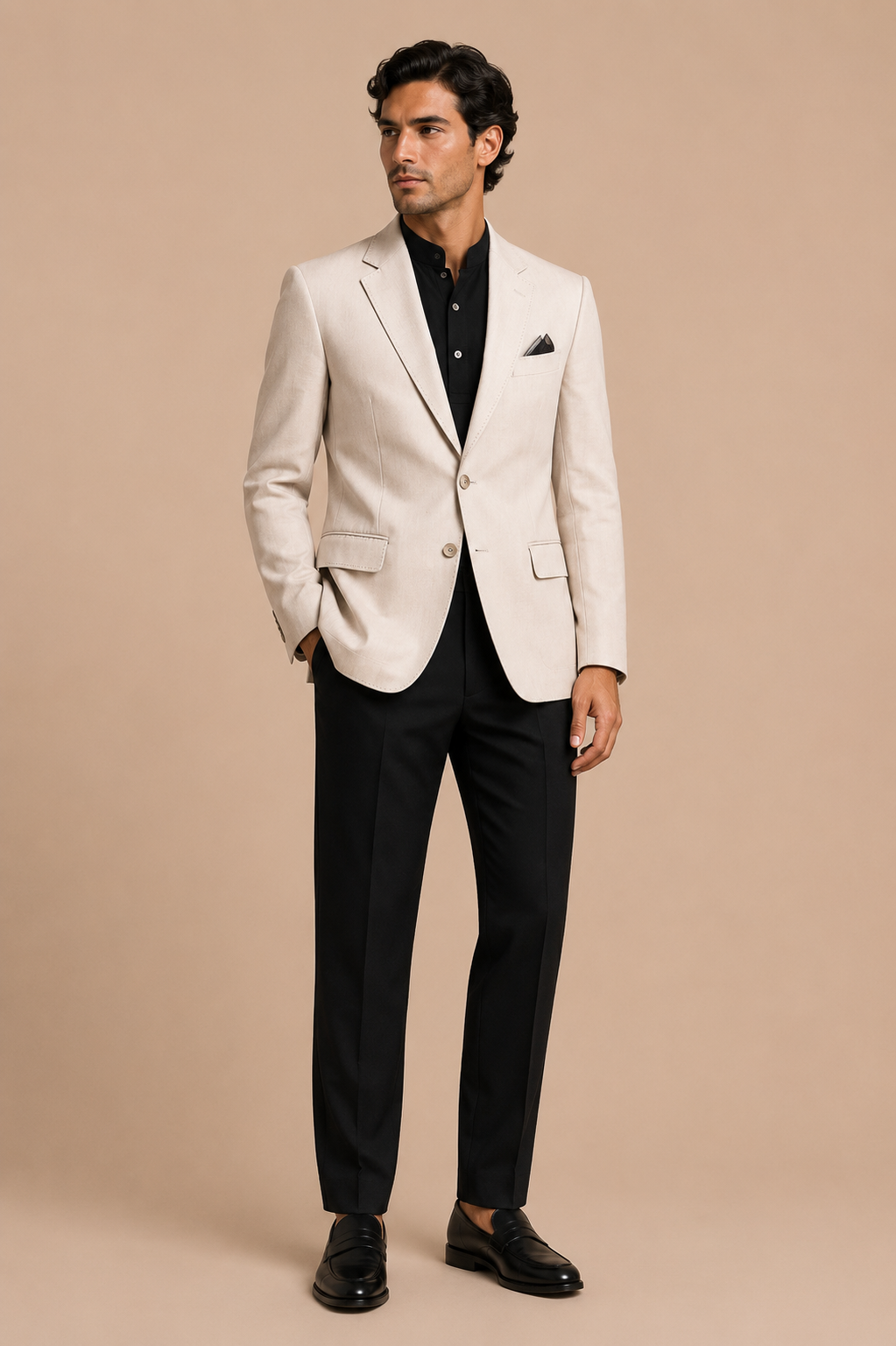 Black modern fit men's blazer by Vellor Vault, angle view.