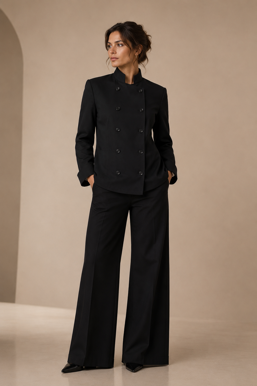 Black modern fit men's blazer by Vellor Vault, angle view.