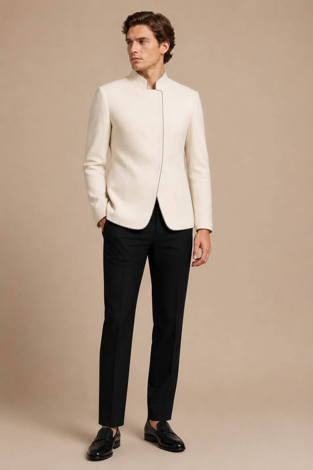 Black modern fit men's blazer by Vellor Vault, angle view.
