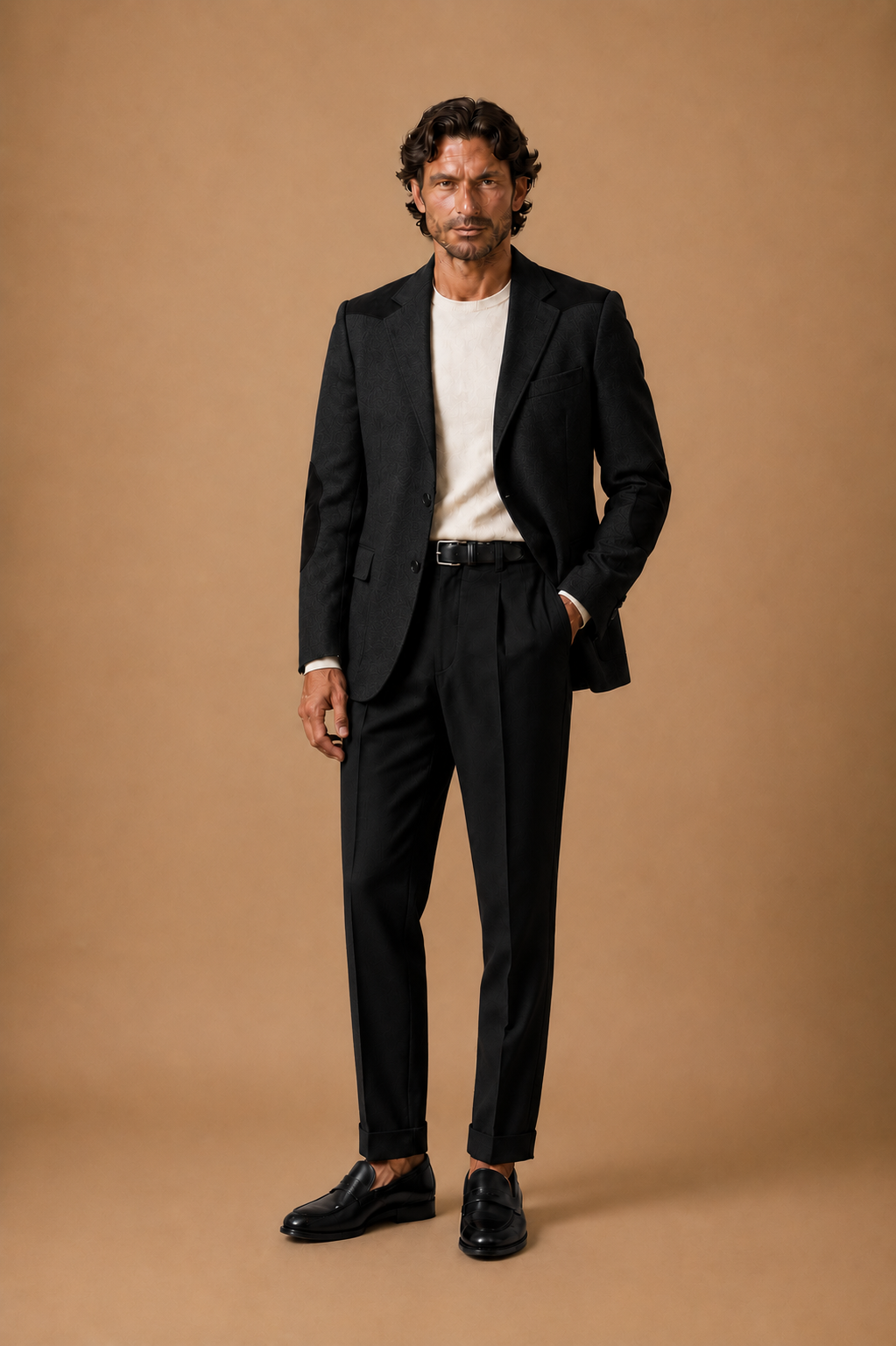 Black modern fit men's blazer by Vellor Vault, detail view.