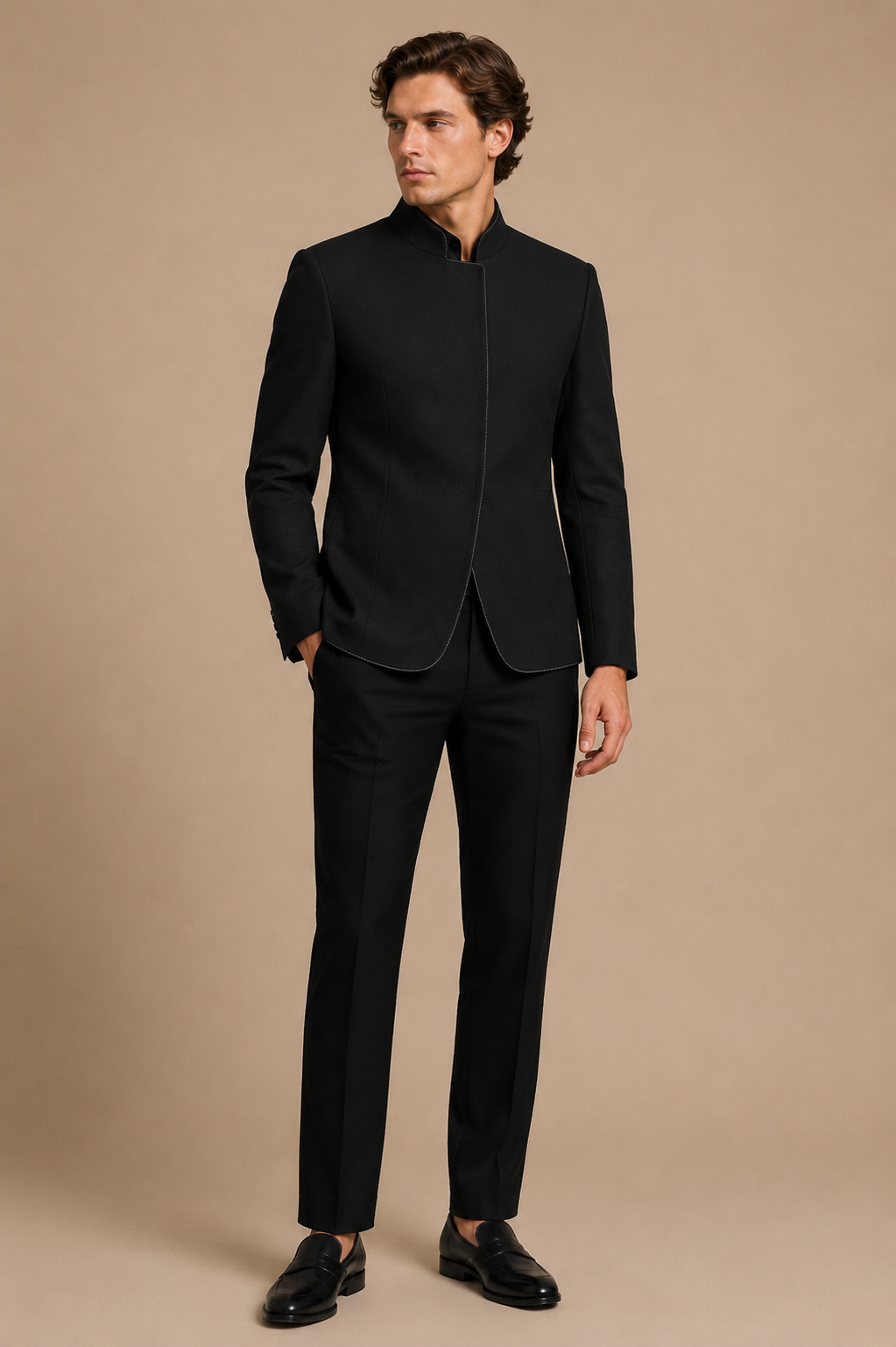 Black modern fit men's blazer by Vellor Vault, front view.