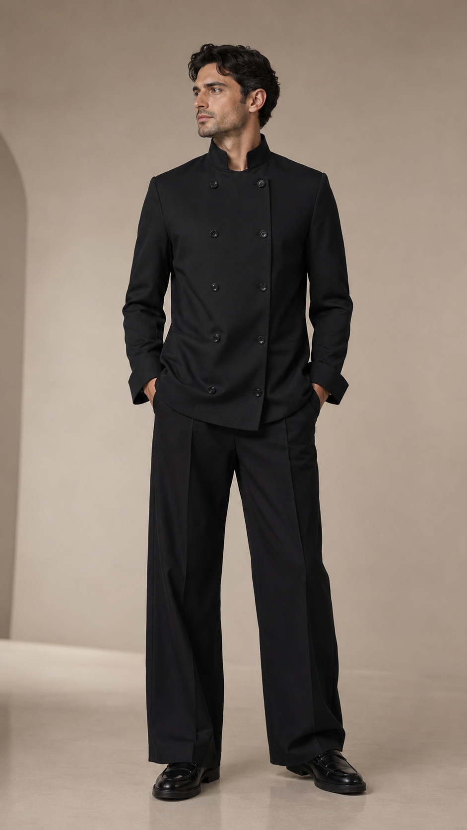 Black modern fit men's blazer by Vellor Vault, front view.