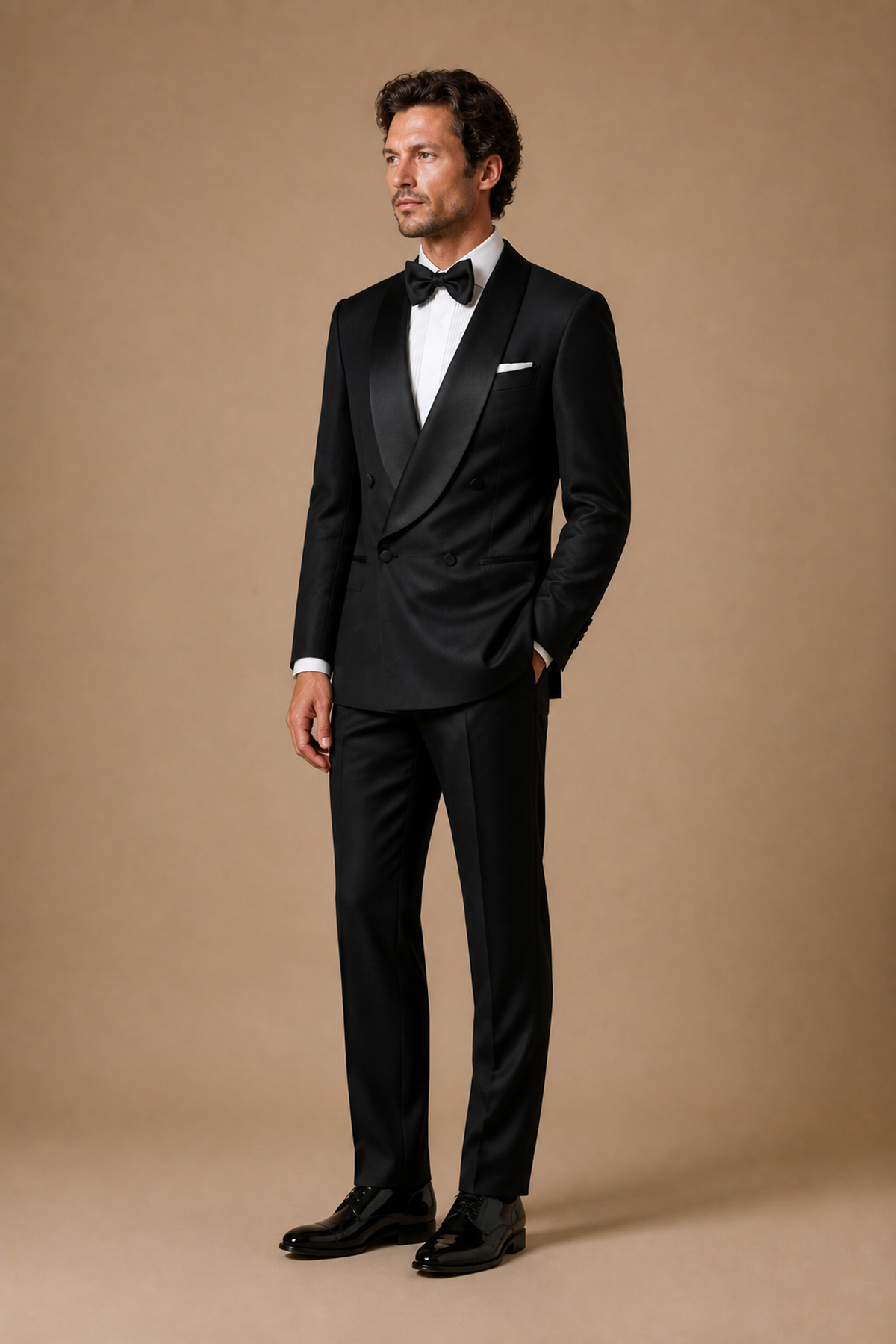 Black modern fit men's tux jacket by Vellor Vault, angle view.