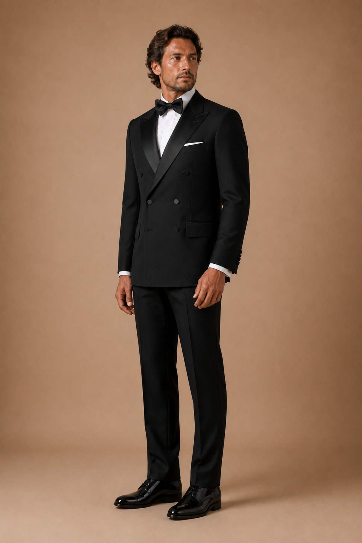Black modern fit men's tux jacket by Vellor Vault, angle view.