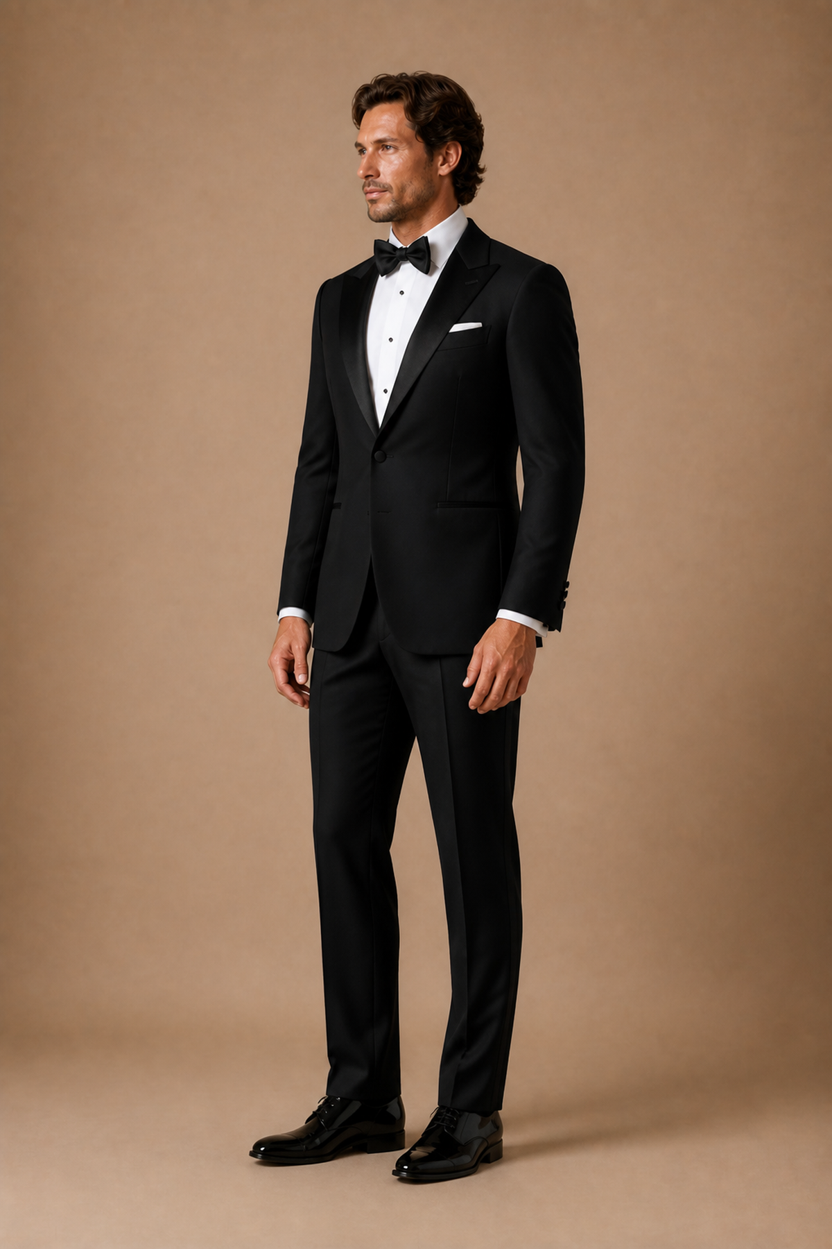 Black modern fit men's tux jacket by Vellor Vault, angle view.
