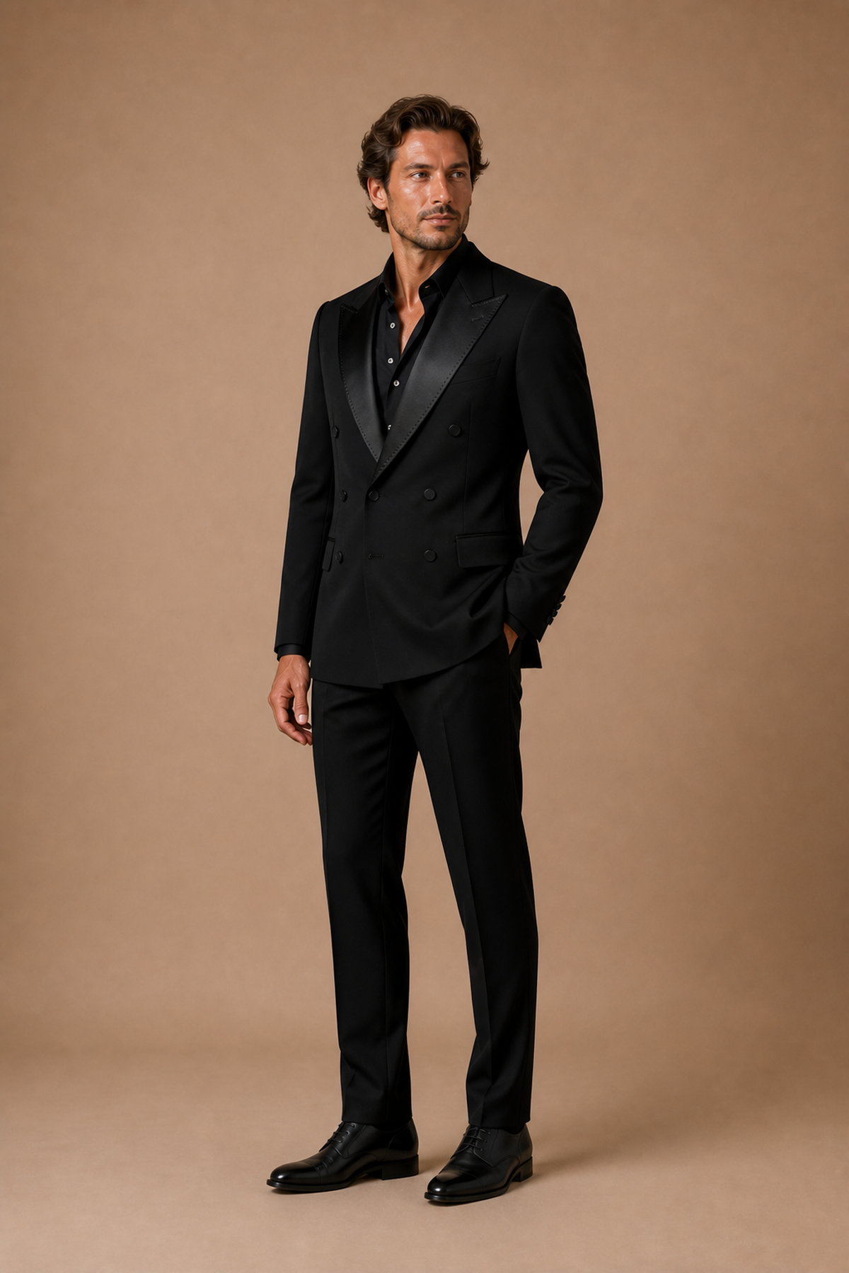 Black modern fit men's tux jacket by Vellor Vault, angle view.