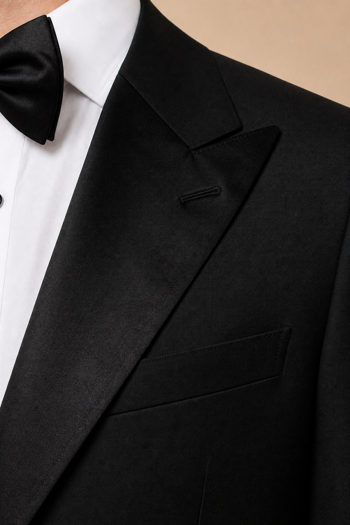 Black modern fit men's tux jacket by Vellor Vault, detail view.