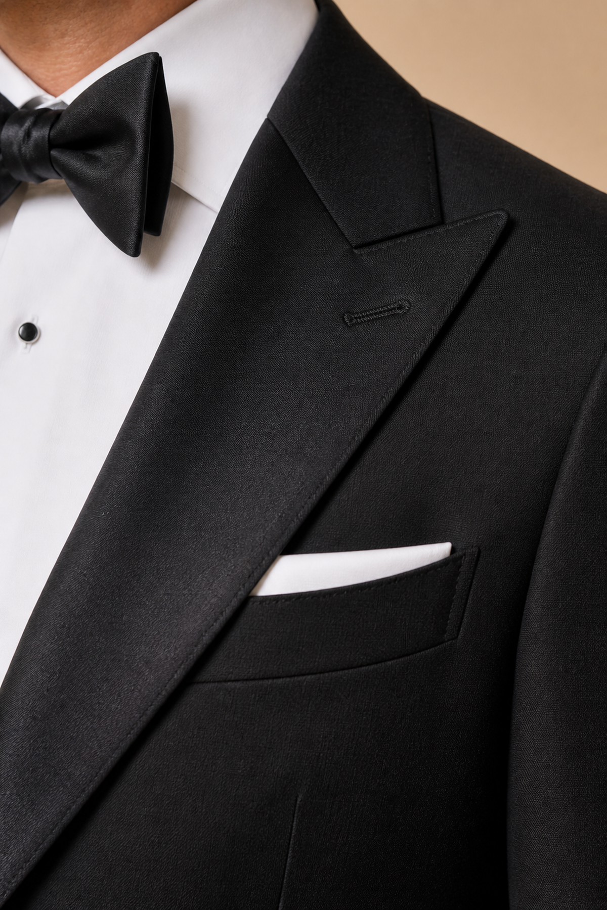 Black modern fit men's tux jacket by Vellor Vault, detail view.