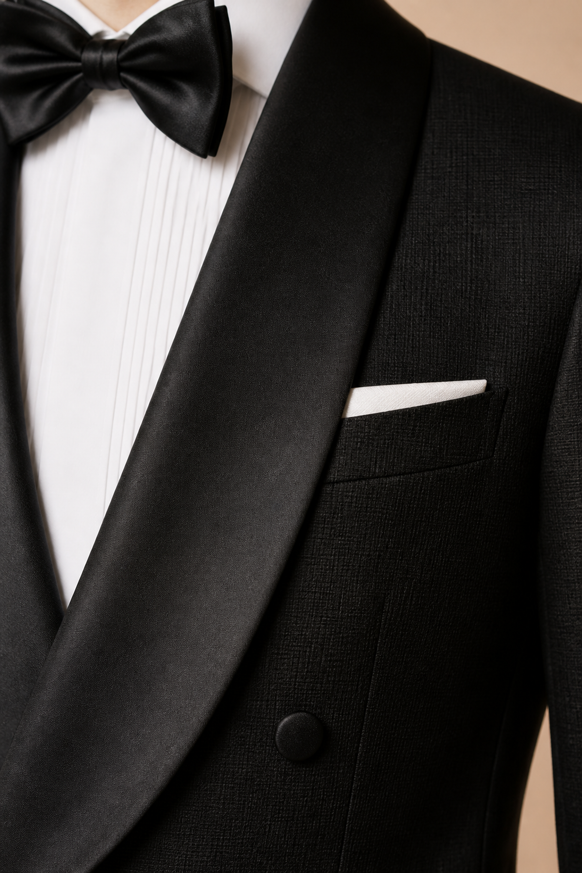 Black modern fit men's tux jacket by Vellor Vault, detail view.