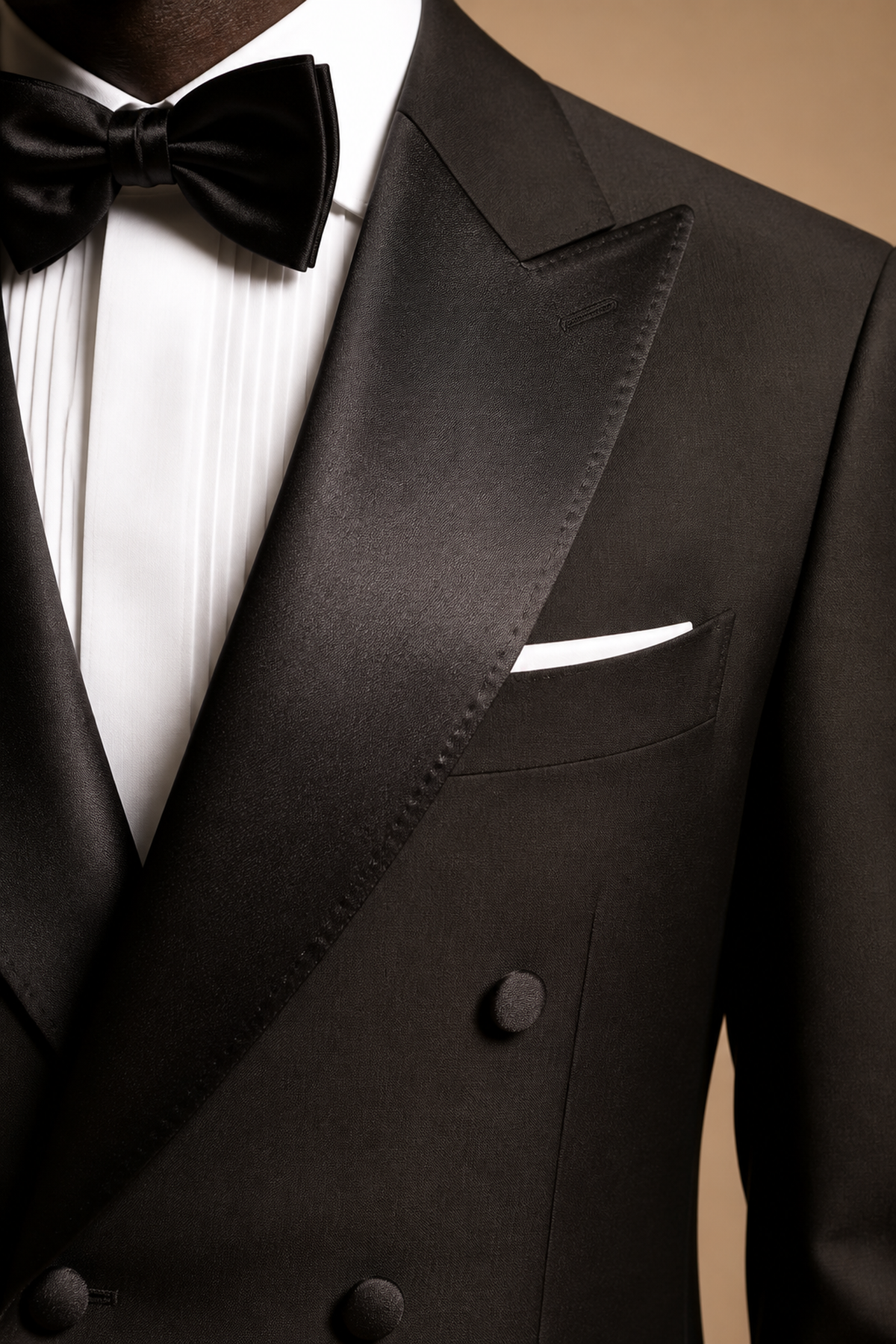 Black modern fit men's tux jacket by Vellor Vault, detail view.