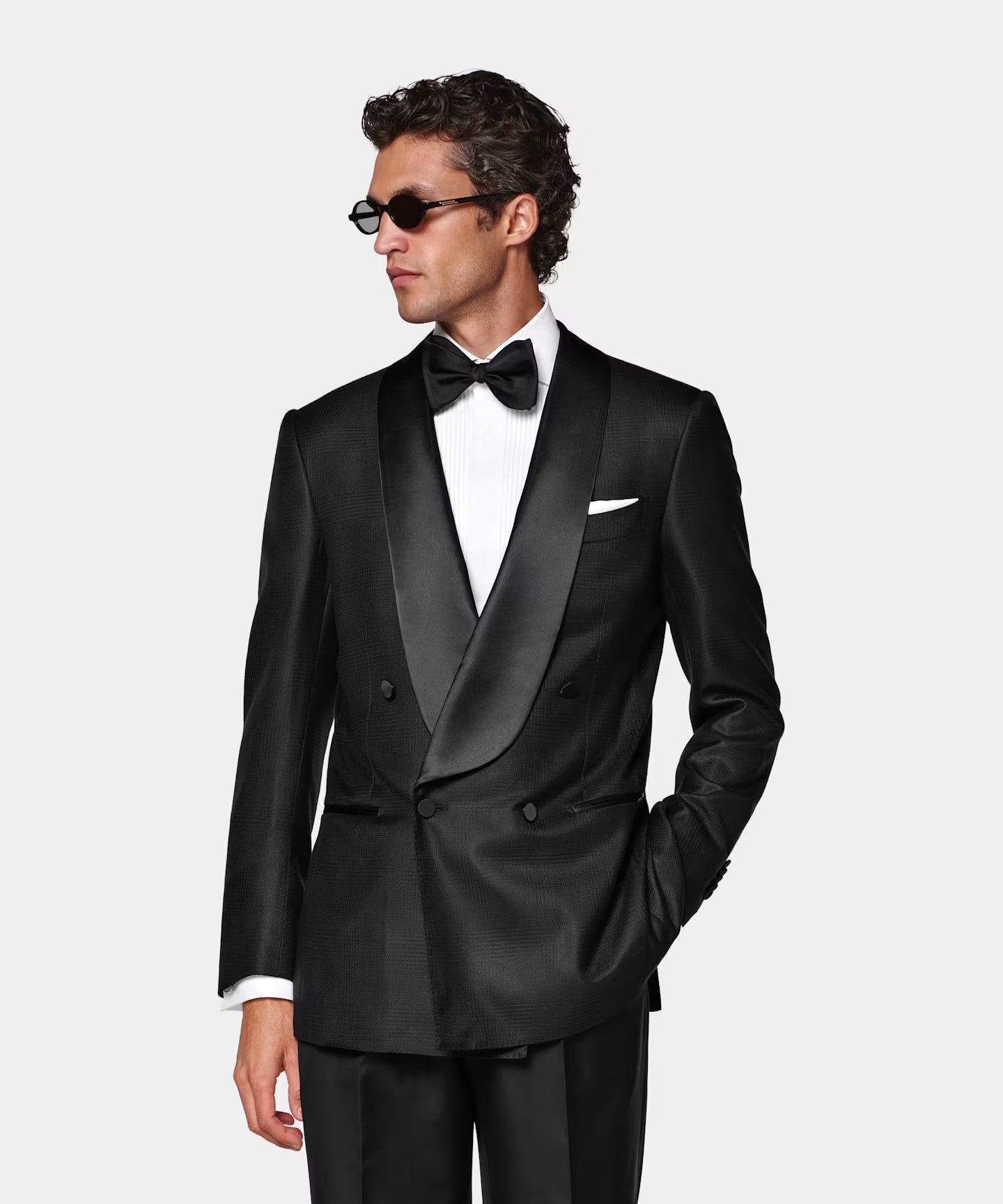 Black modern fit men's tux jacket by Vellor Vault, front view.