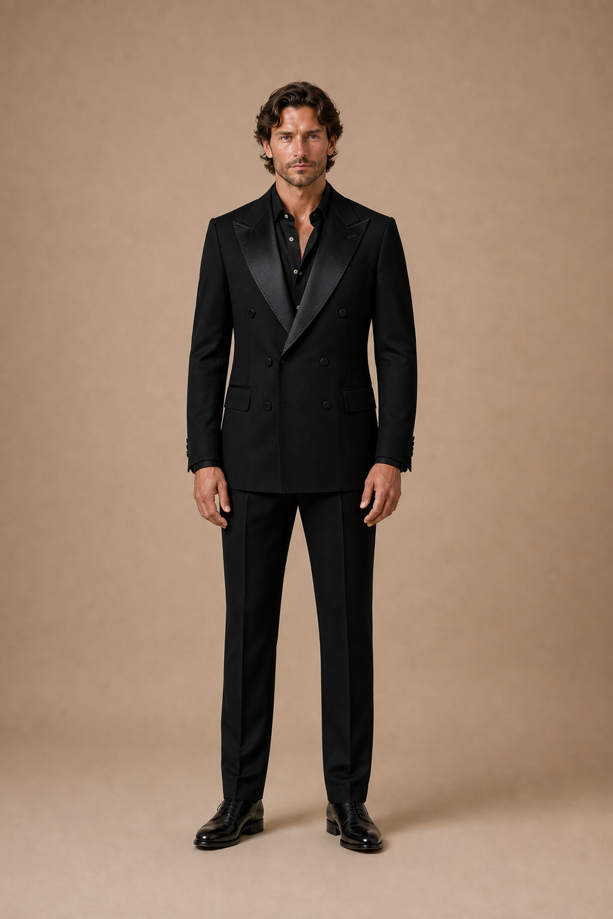 Black modern fit men's tux jacket by Vellor Vault, front view.