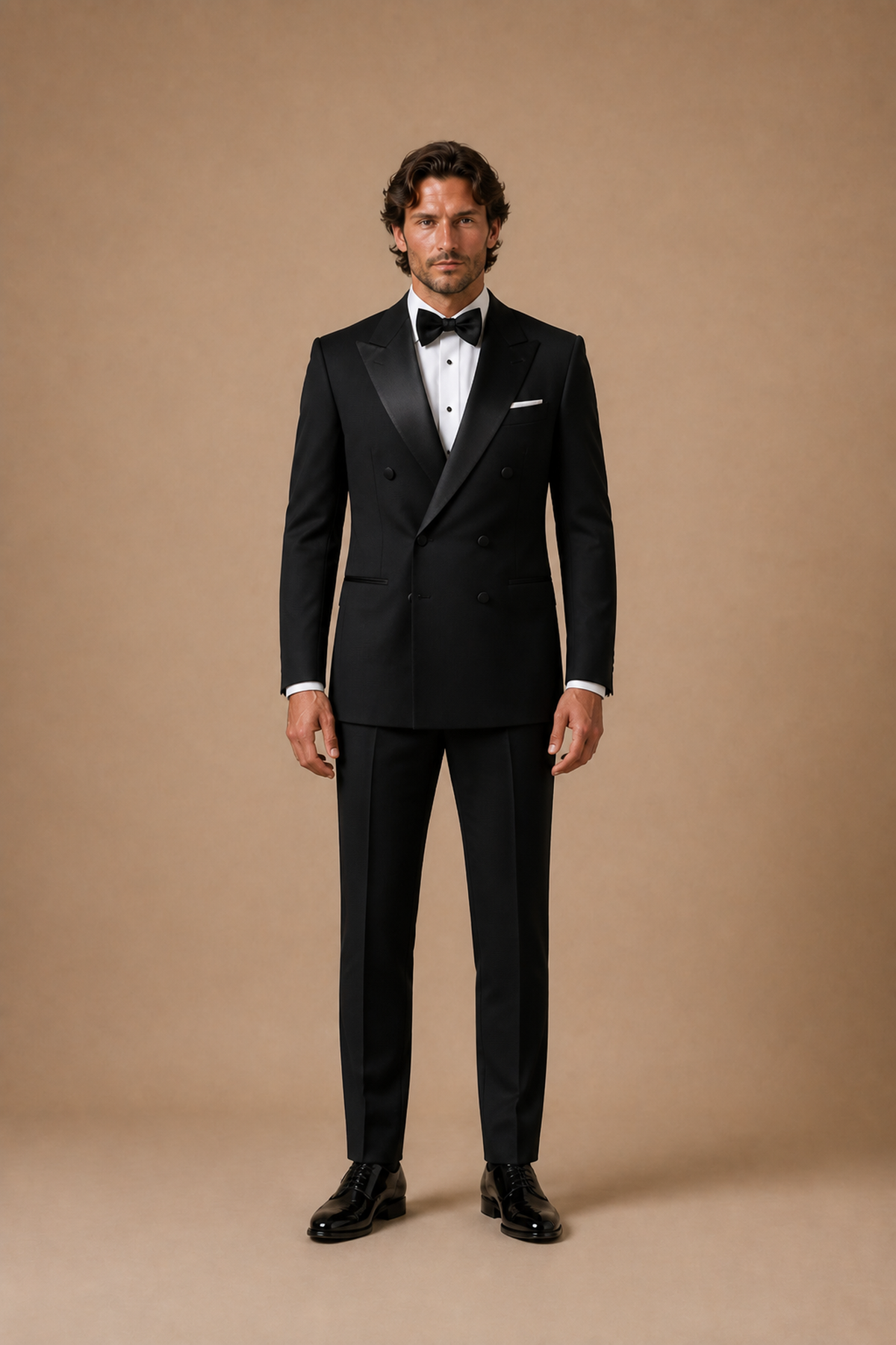 Black modern fit men's tux jacket by Vellor Vault, front view.