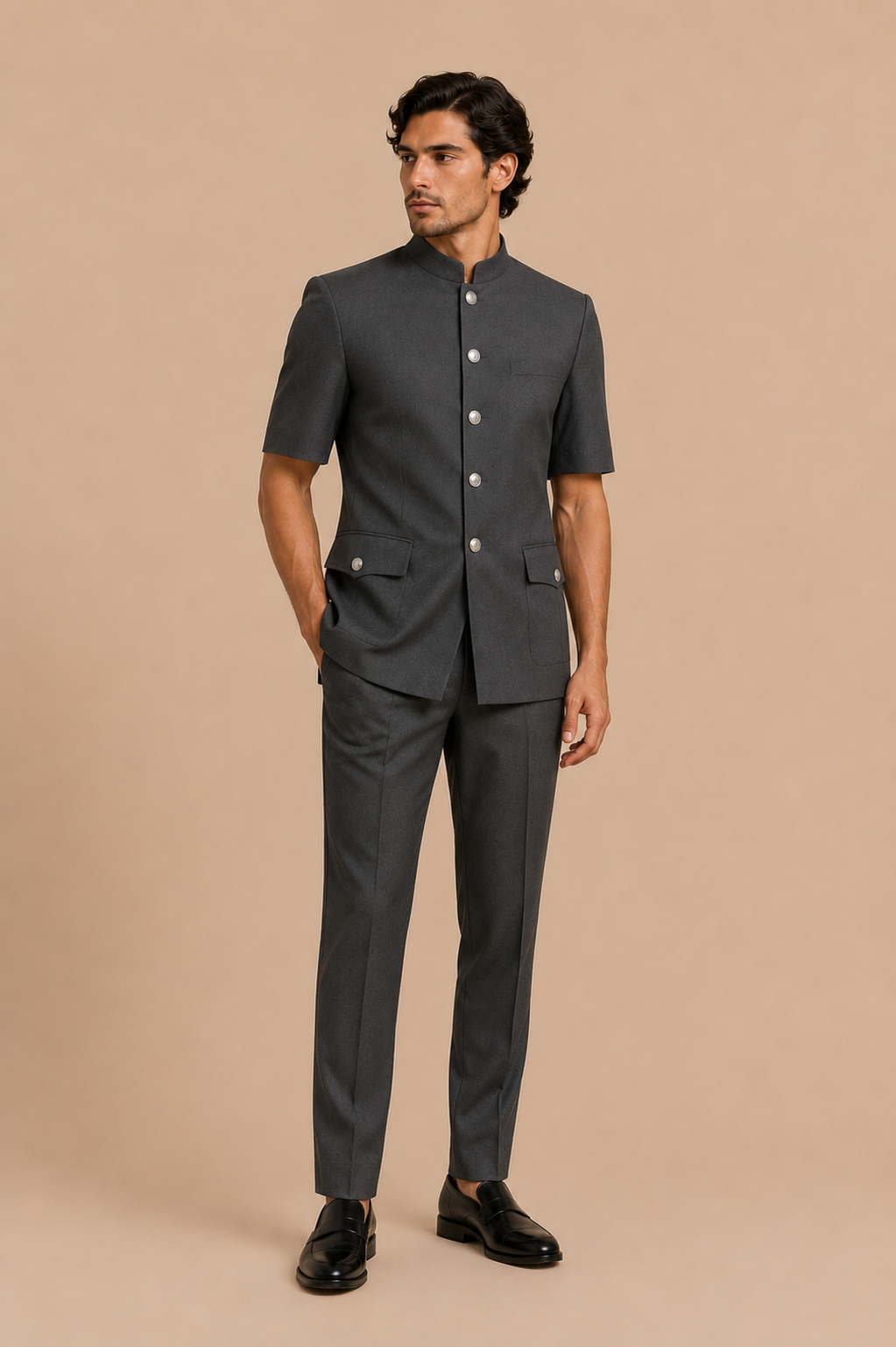 Black modern fit men's uniform by Vellor Vault, angle view.
