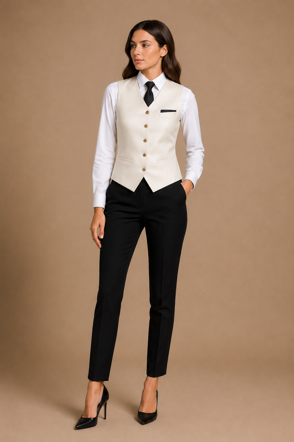 Black modern fit men's uniform by Vellor Vault, front view.