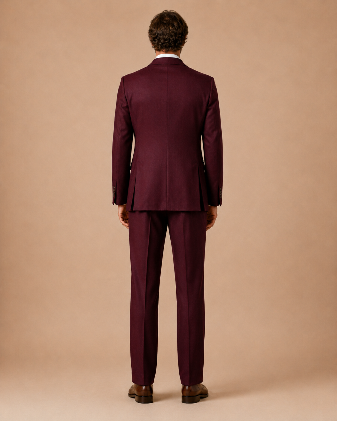 Burgundy modern fit men's suit jacket by Vellor Vault, angle view.