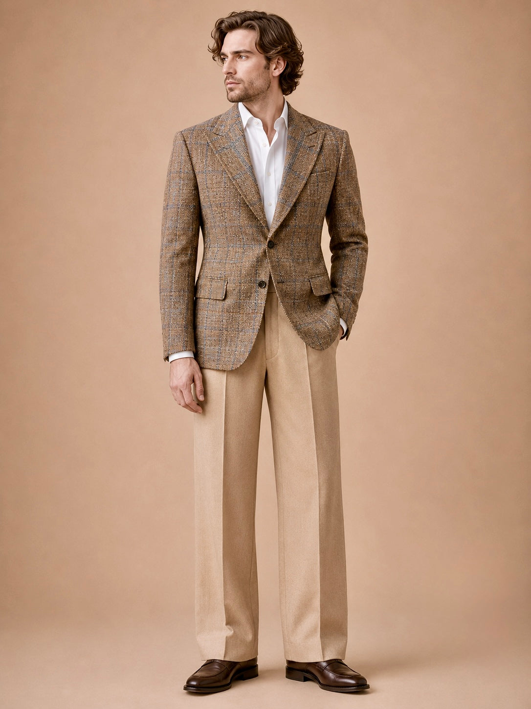Caramel Plaid modern fit men's blazer by Vellor Vault, front view.