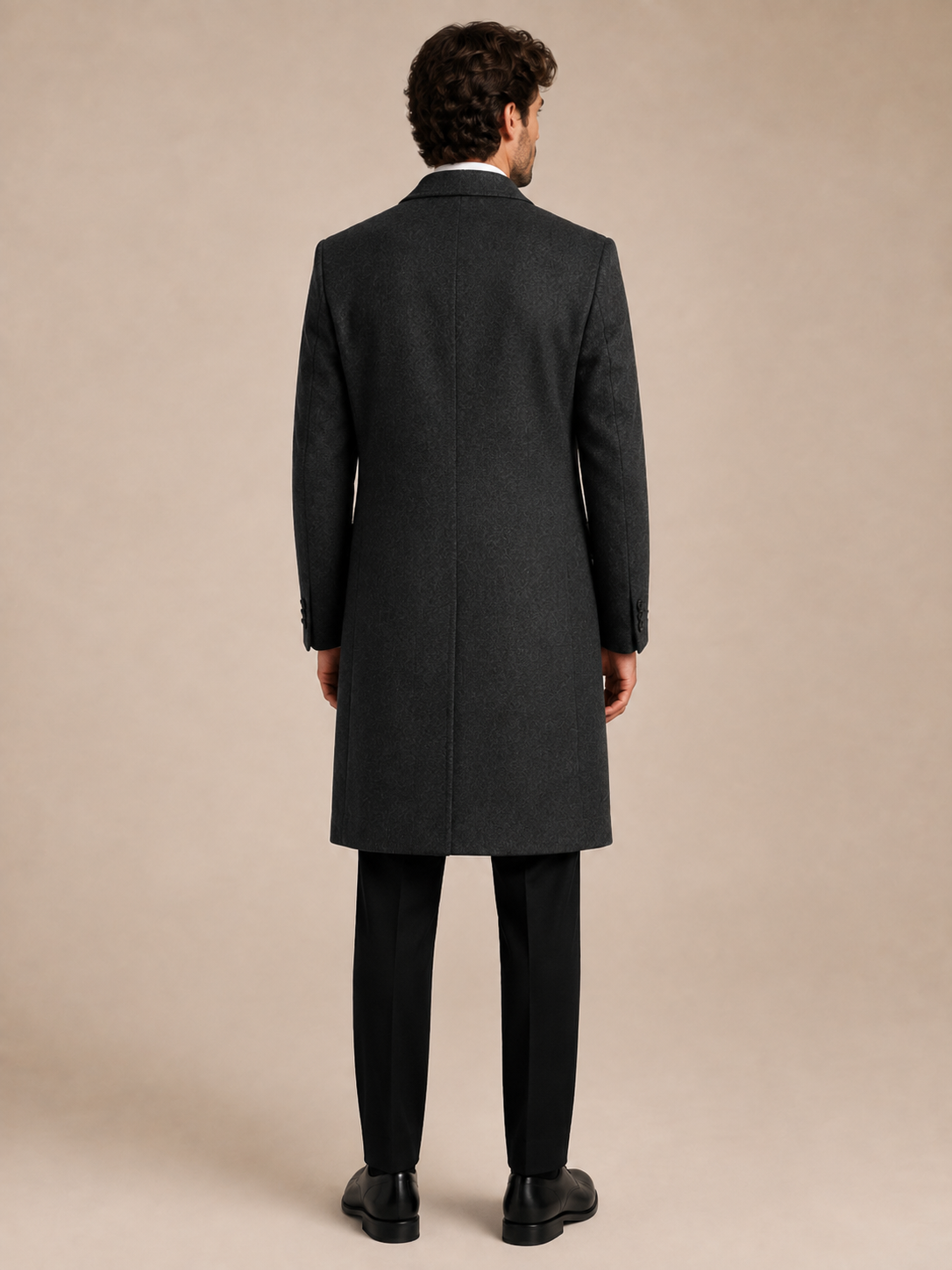 Charcoal modern fit men's top coat by Vellor Vault, back view.