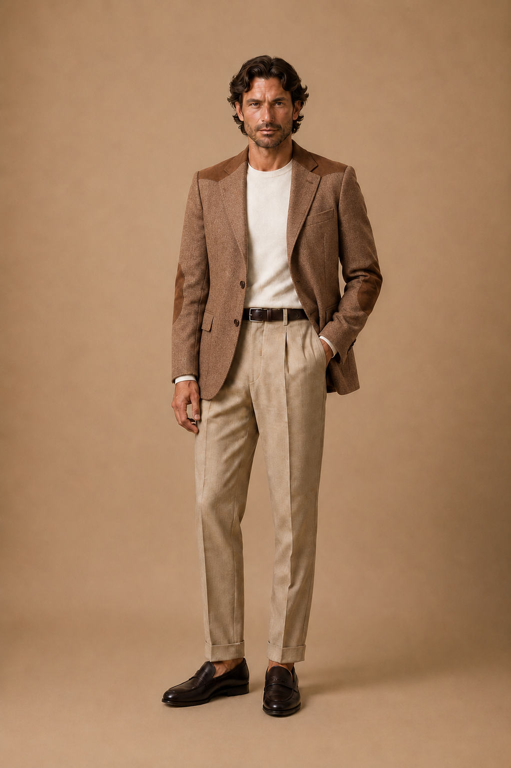 Chocolate Brown modern fit men's blazer by Vellor Vault, detail view.