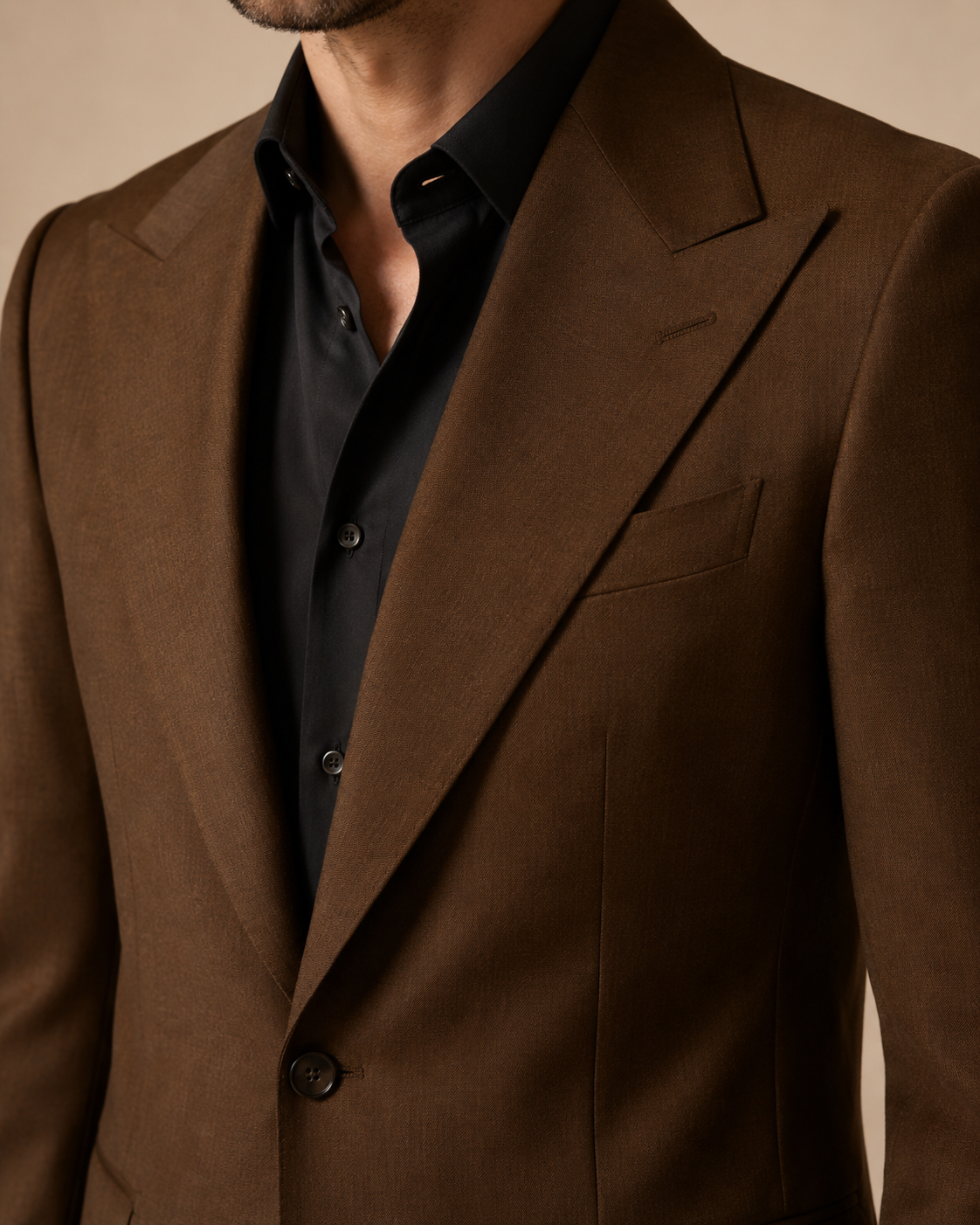 Chocolate Brown modern fit men's suit jacket by Vellor Vault, angle view.