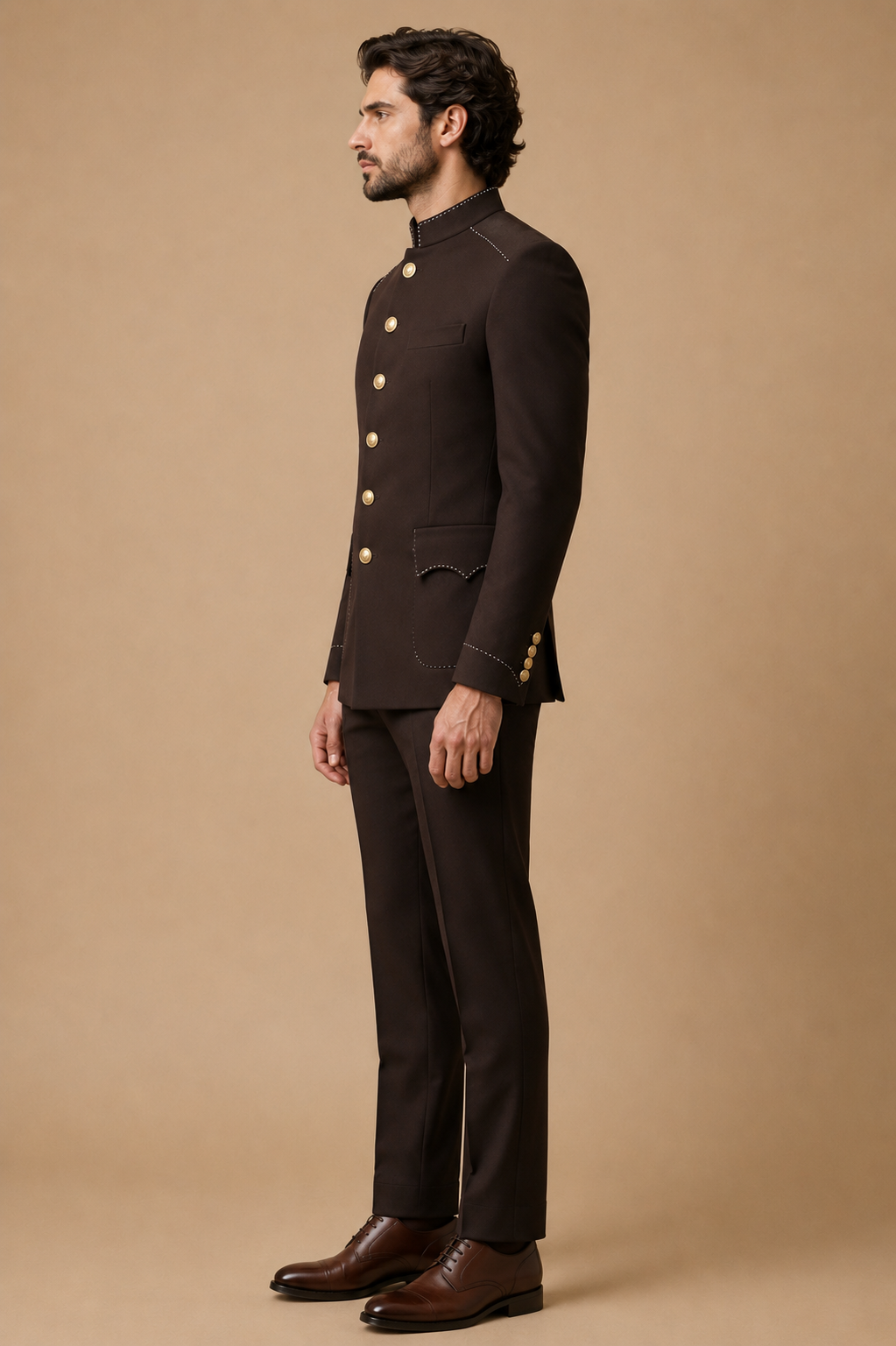 Chocolate modern fit men's uniform by Vellor Vault, angle view.