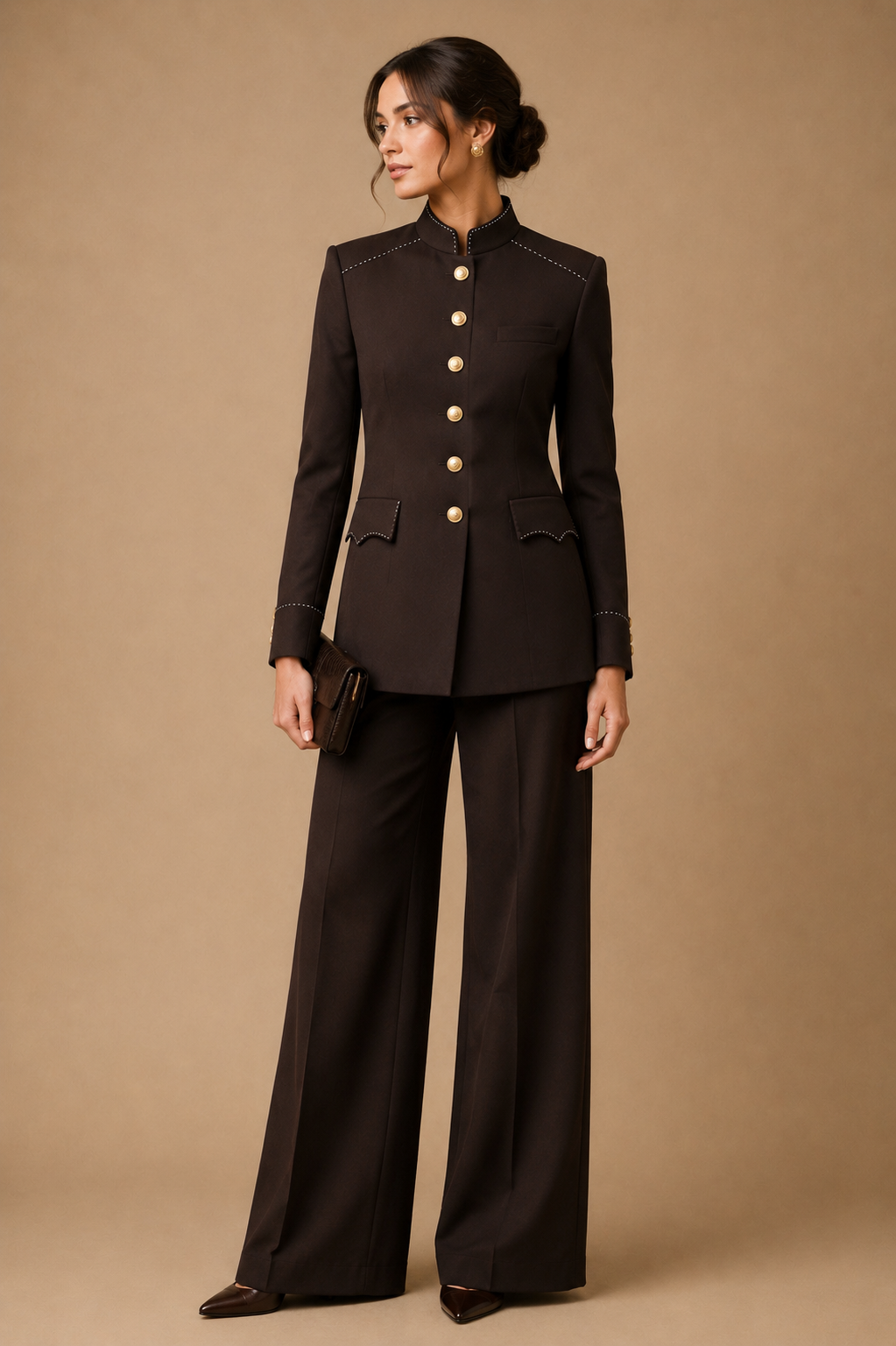Chocolate modern fit men's uniform by Vellor Vault, back view.