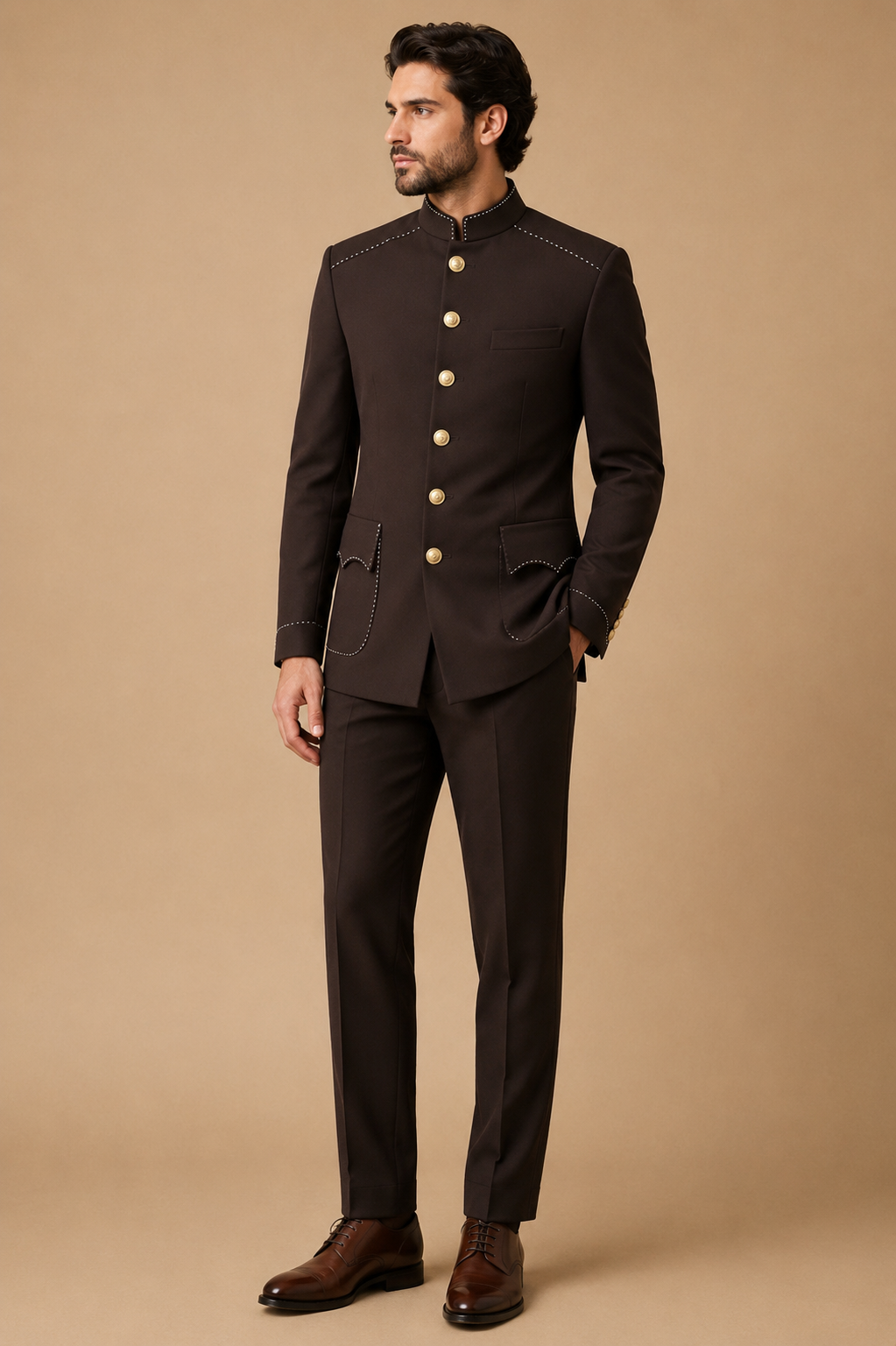 Chocolate modern fit men's uniform by Vellor Vault, front view.