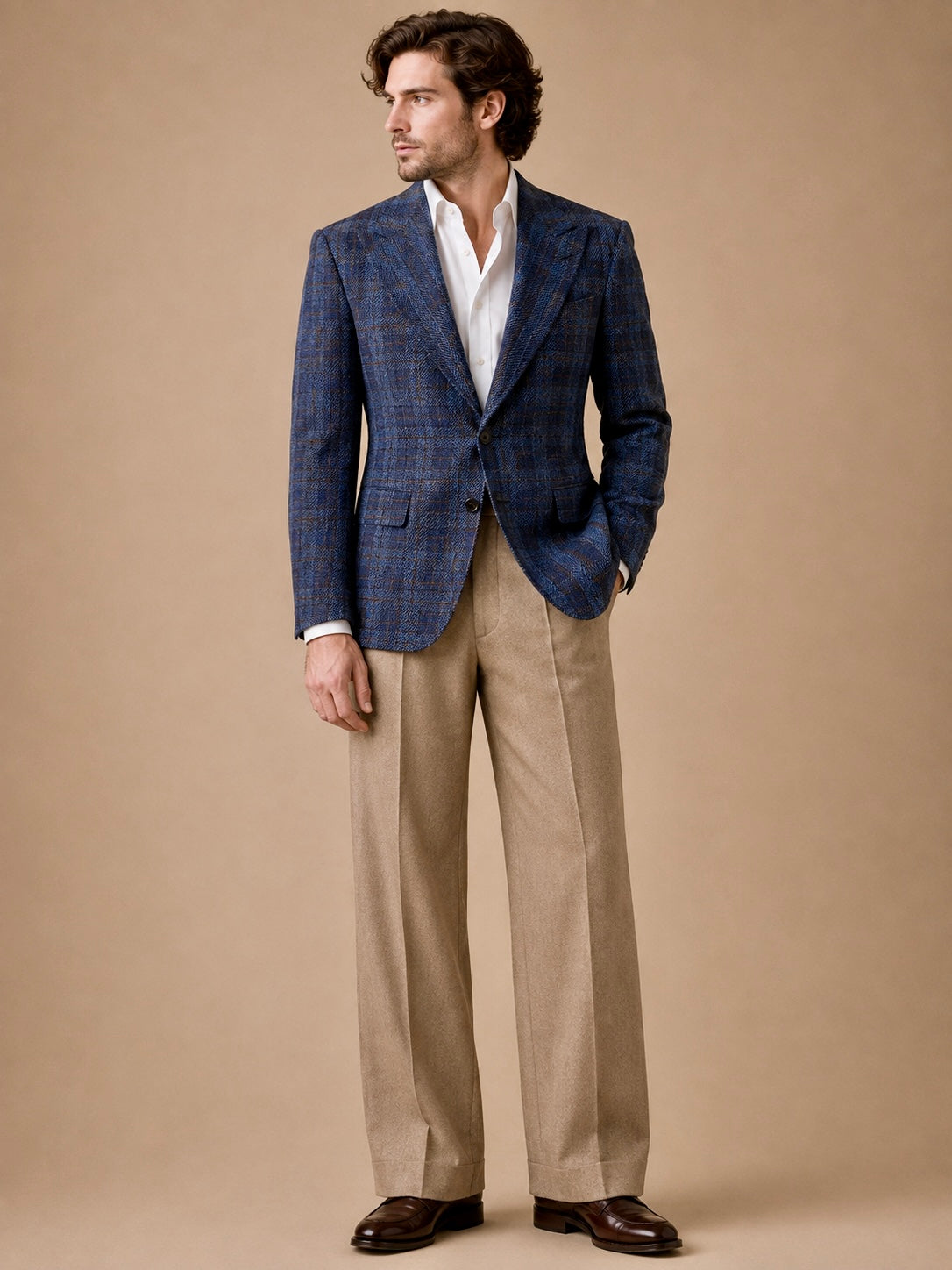Classic Blue Plaid modern fit men's blazer by Vellor Vault, front view.