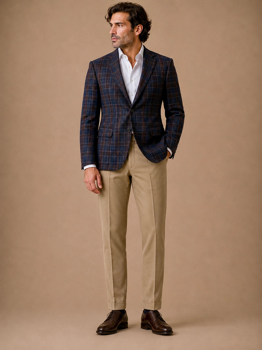 Coffee Plaid modern fit men's blazer by Vellor Vault, front view.