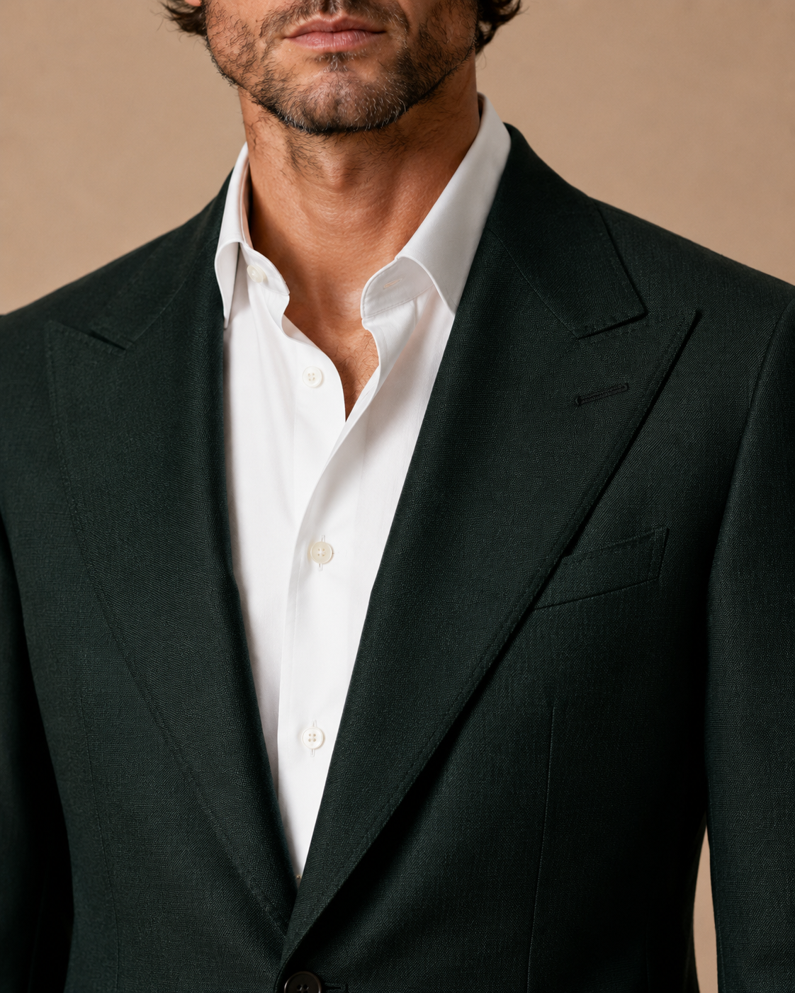 Forest Green modern fit men's suit jacket by Vellor Vault, detail view.