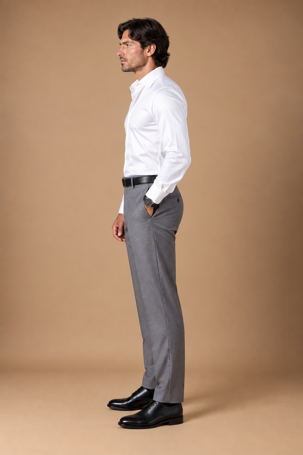 Grey modern fit men's trouser by Vellor Vault, angle view.