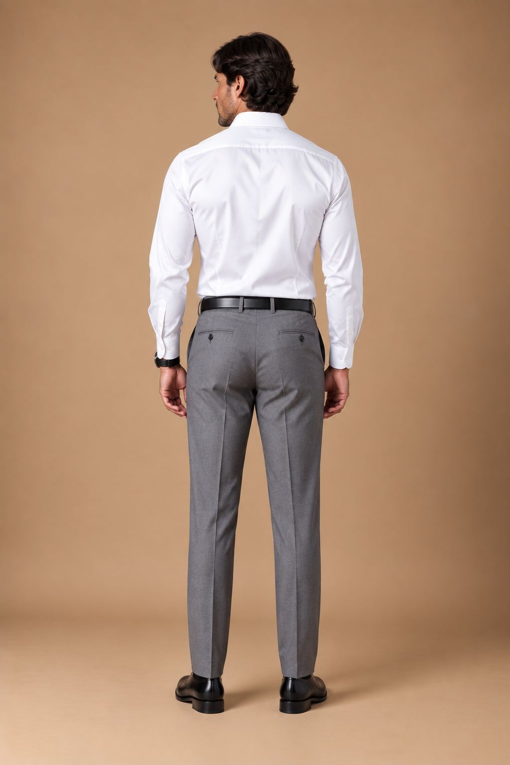 Grey modern fit men's trouser by Vellor Vault, back view.