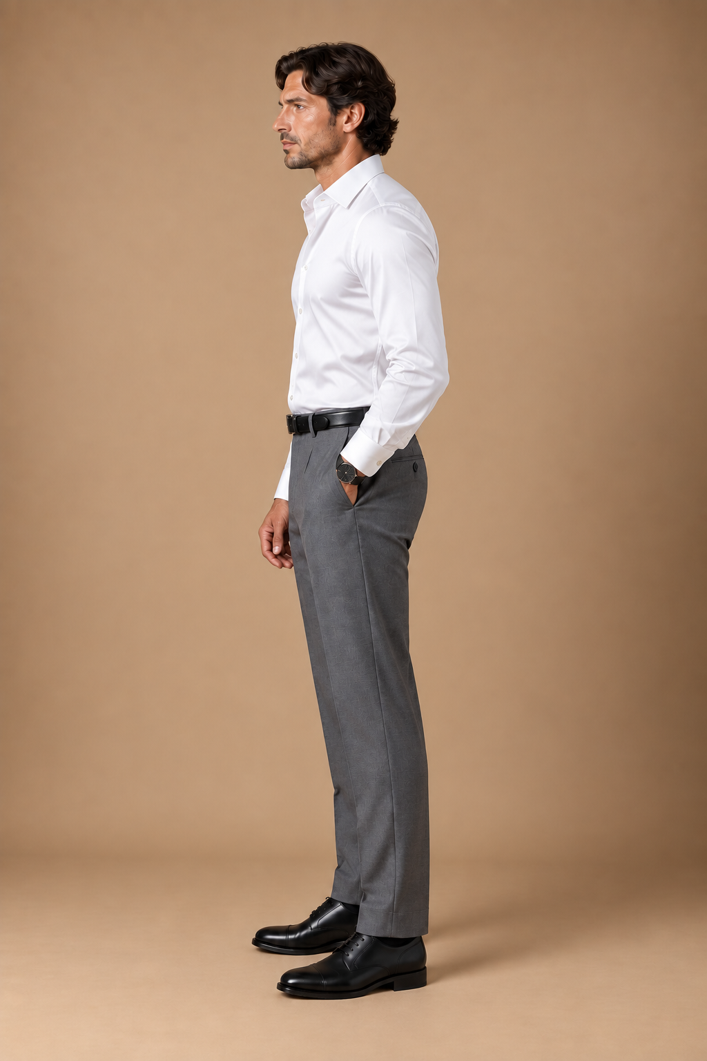 Grey modern fit men's trouser by Vellor Vault, front view.