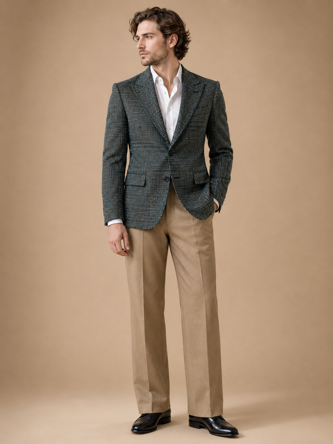 Mint Plaid modern fit men's blazer by Vellor Vault, front view.