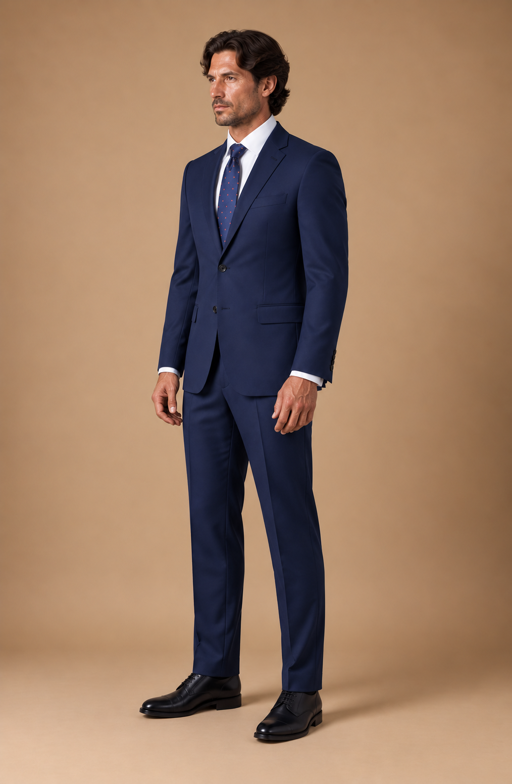 Navy modern fit men's suit jacket by Vellor Vault, angle view.