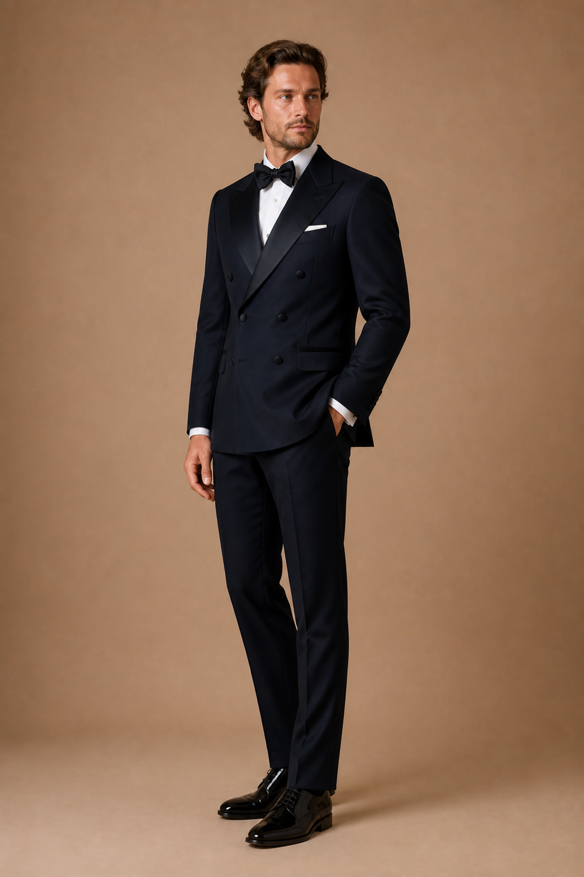 Navy modern fit men's tux jacket by Vellor Vault, angle view.