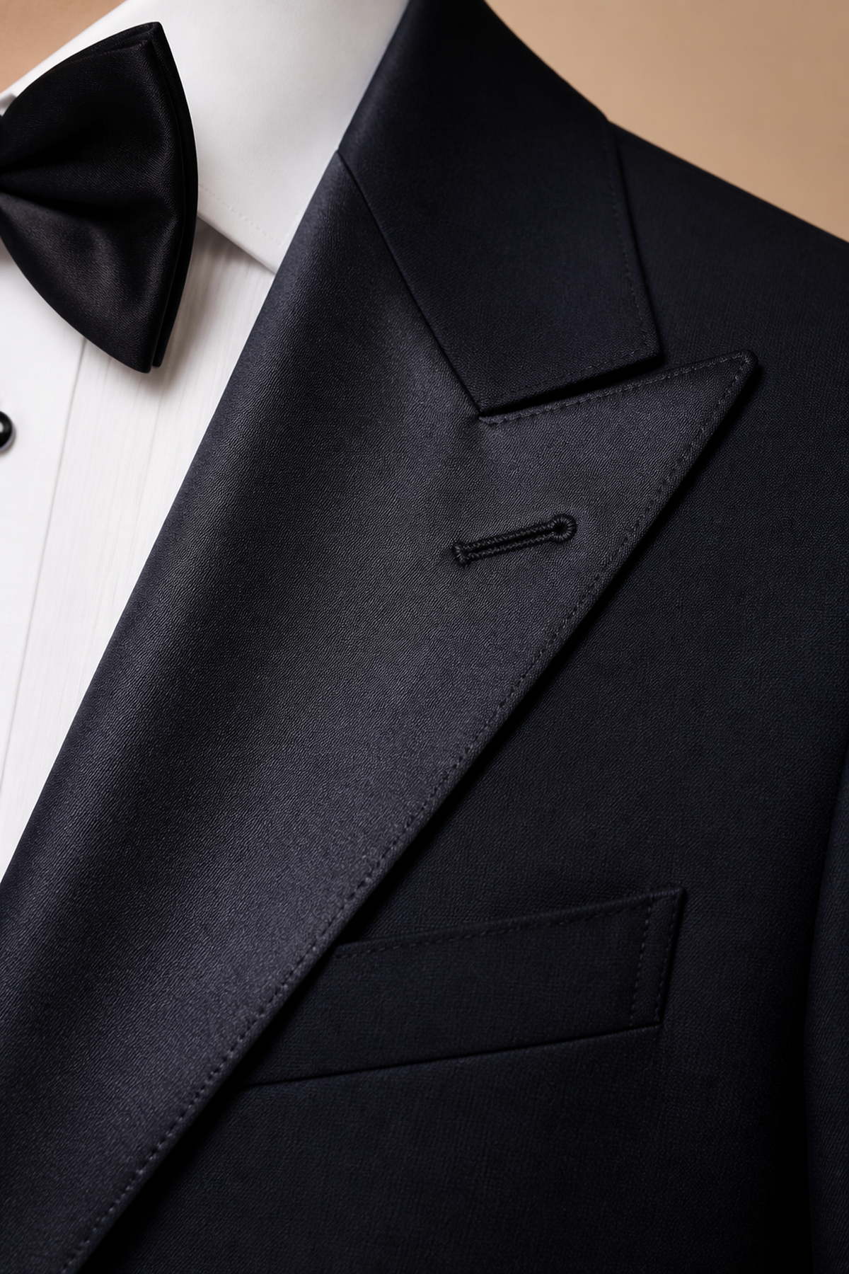 Navy modern fit men's tux jacket by Vellor Vault, detail view.