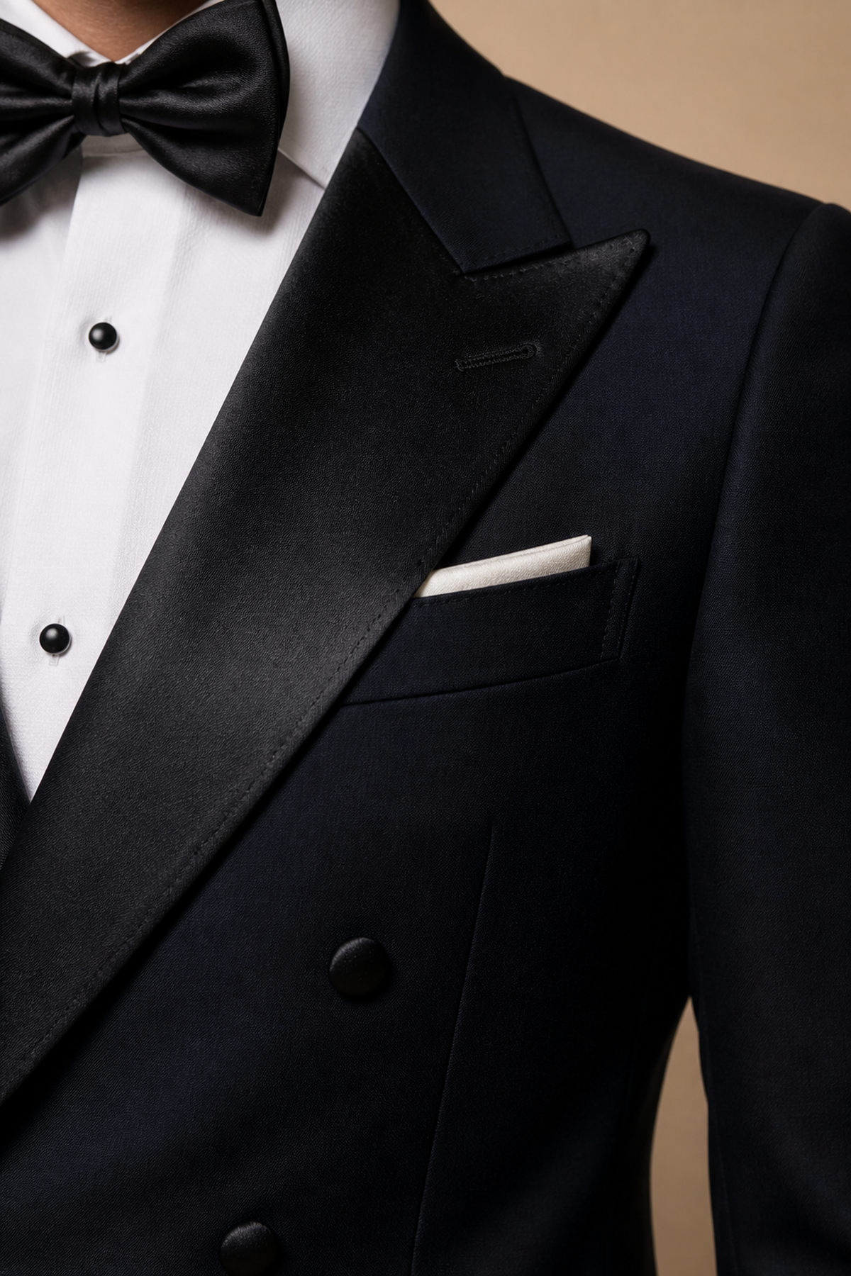 Navy modern fit men's tux jacket by Vellor Vault, detail view.