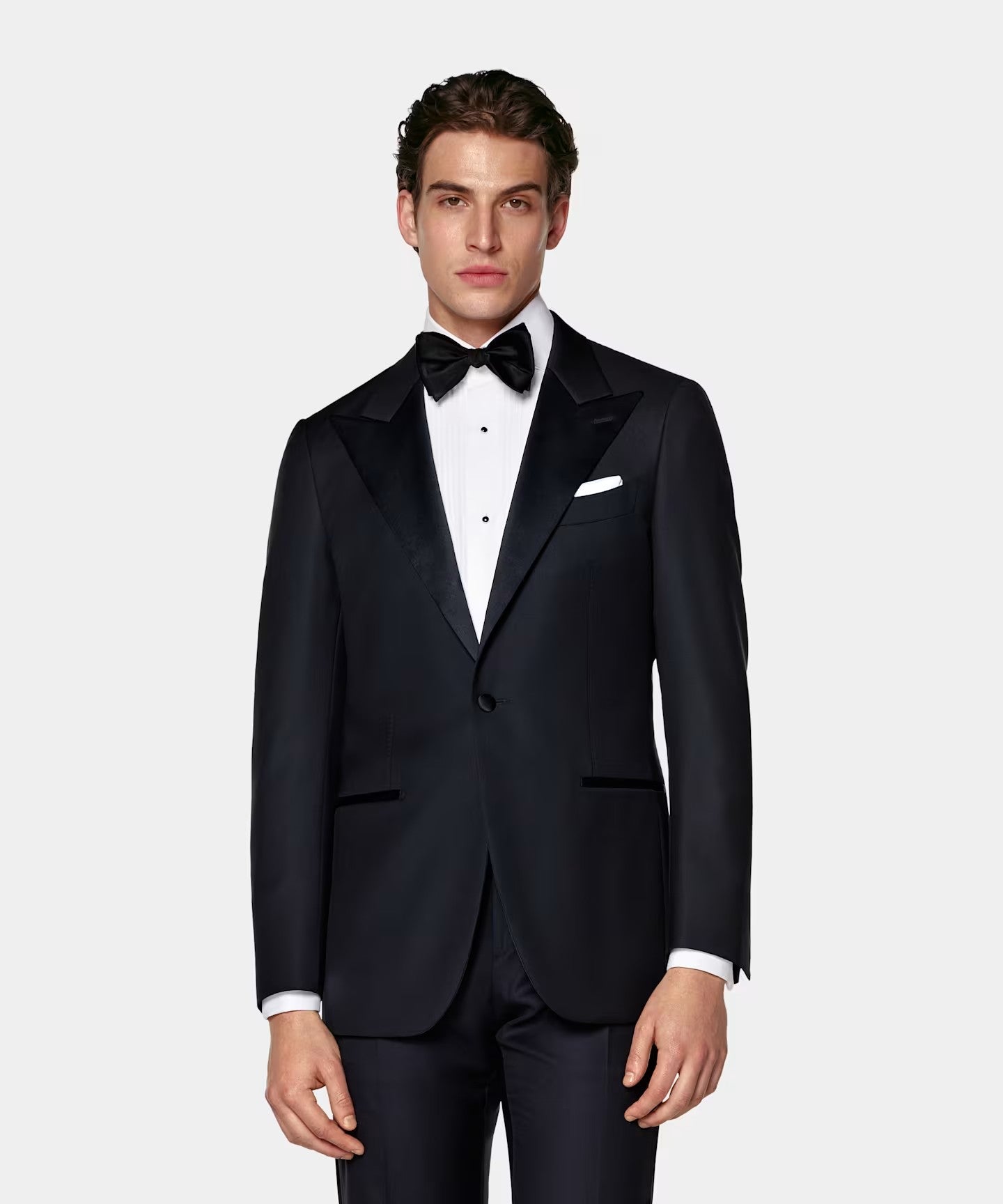 Navy modern fit men's tux jacket by Vellor Vault, front view.