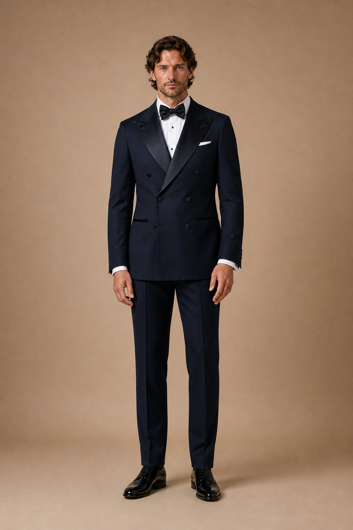 Navy modern fit men's tux jacket by Vellor Vault, front view.