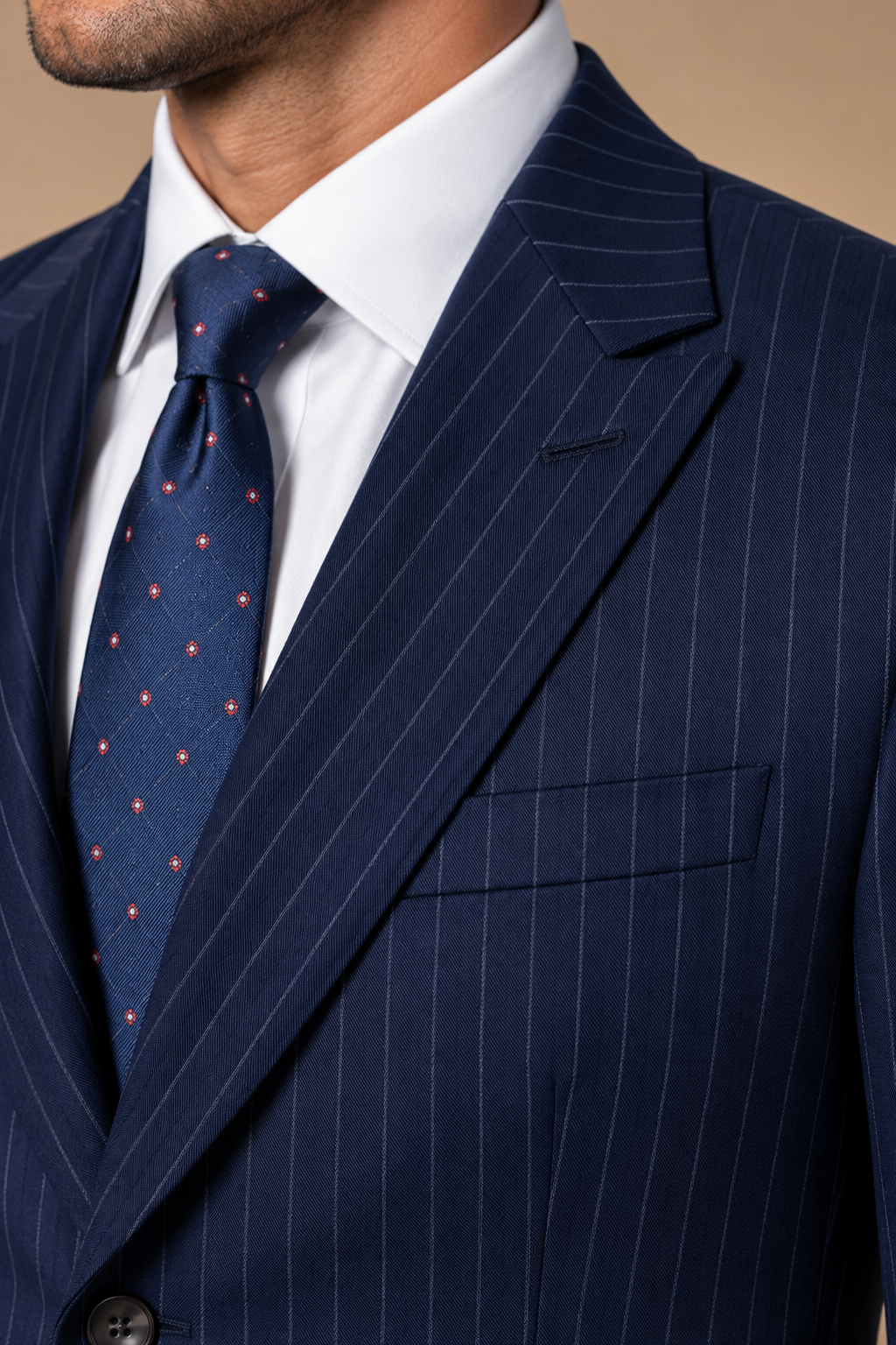 Navy Stripe modern fit men's suit jacket by Vellor Vault, detail view.