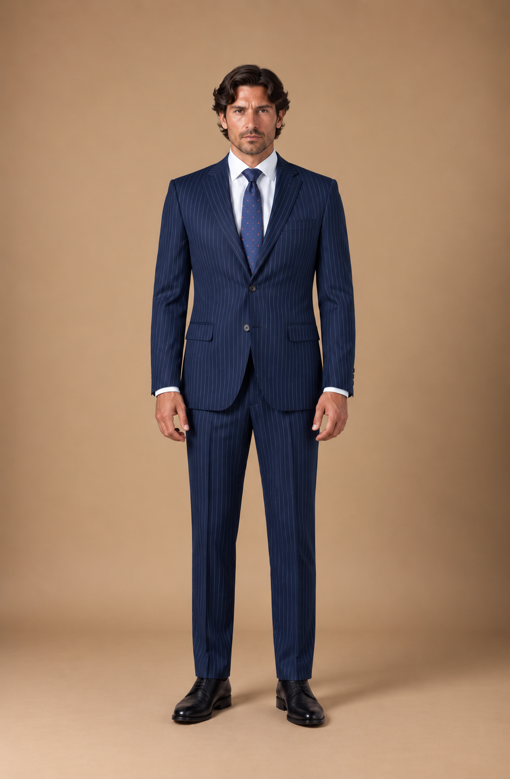 Navy Stripe modern fit men's suit jacket by Vellor Vault, front view.