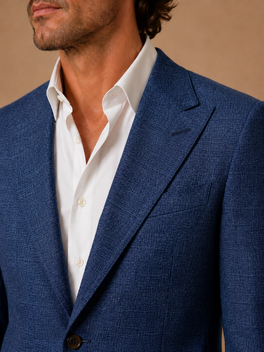 Riviera Blue modern fit men's suit jacket by Vellor Vault, detail view.