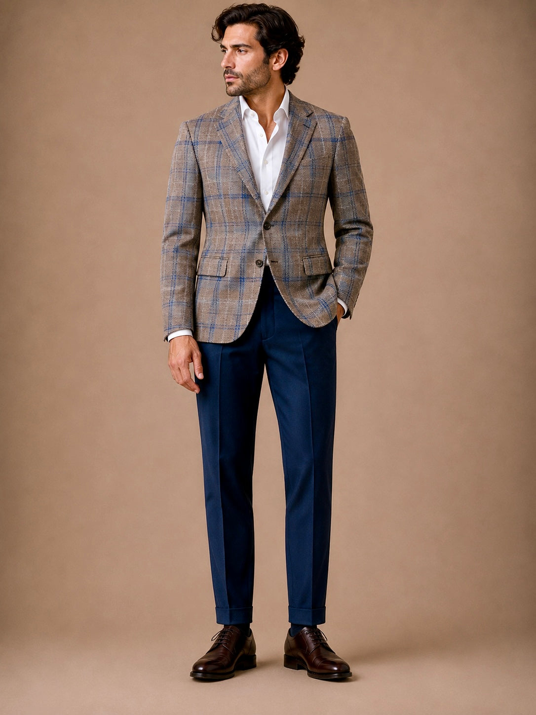Tan Plaid modern fit men's blazer by Vellor Vault, front view.