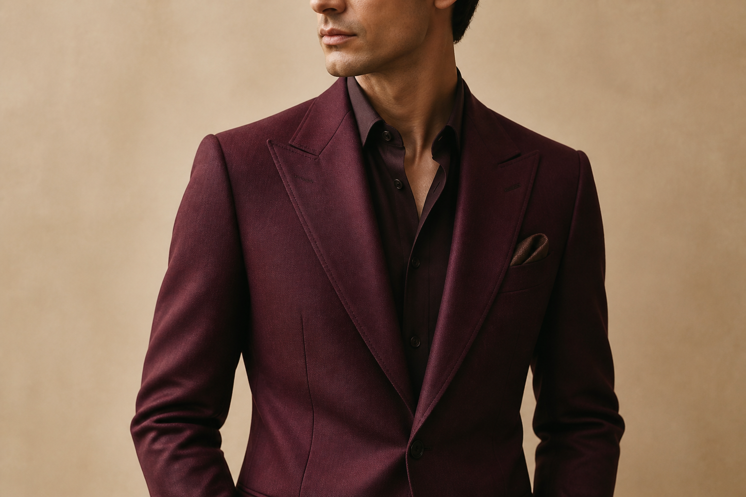 Burgundy modern-fit men's suit jacket by Vellor Vault.