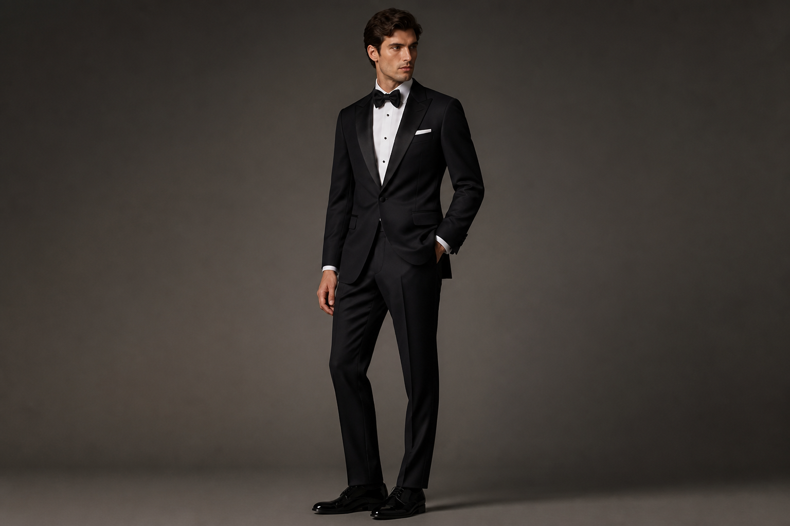Black satin peak-lapel tuxedo by Vellor Vault.