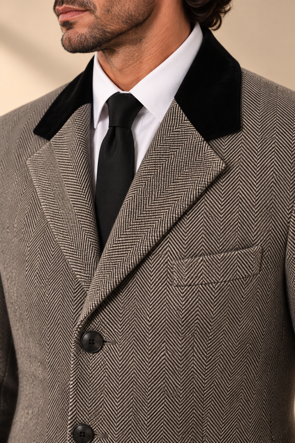 The Vellor Wool Cashmere Black & Grey Herringbone Top Coat